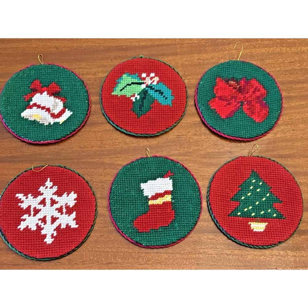Canvas Plastic Christmas Tree Hanging Ornament Needlepoint‎  Handmade Set Of 3